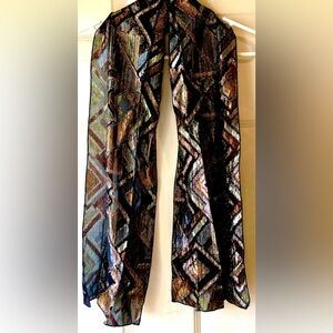 Vintage Black Copper Bronze Silver Metallic Abstract Geometric Sheer Long Scarf